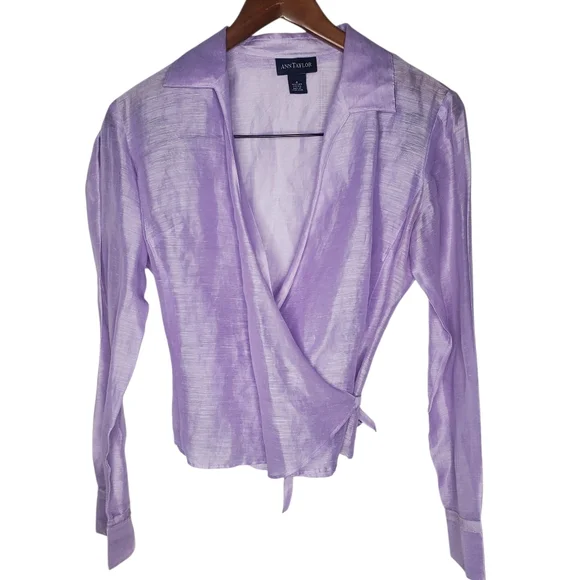 Ann Taylor Lavender Linen Silk Wrap Blouse Women’s Size 4 - Picture 2 of 6